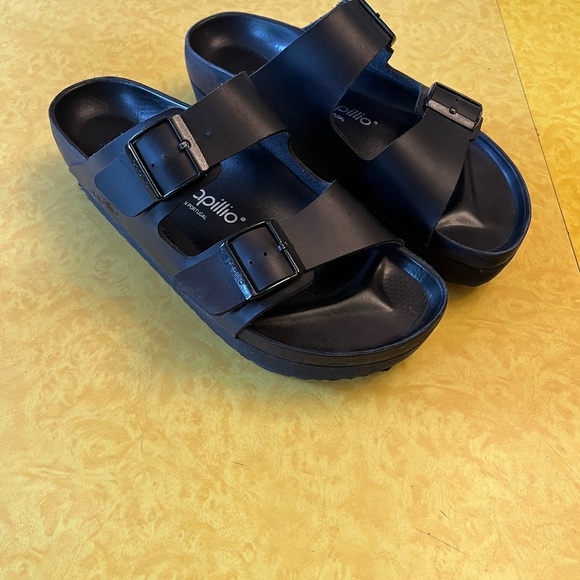 Papillio Birkenstock Black Leather Platform Sandals Size 41 - Picture 2 of 9